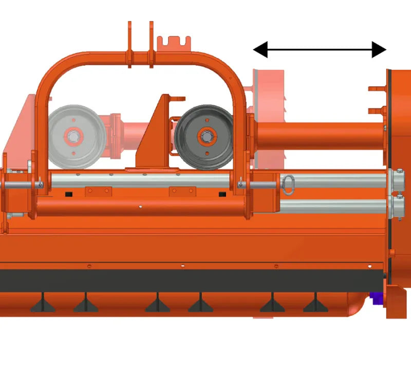 Close-up of BEFCO flail mower's side-shift feature, highlighting robust steel components and adjustable settings.
