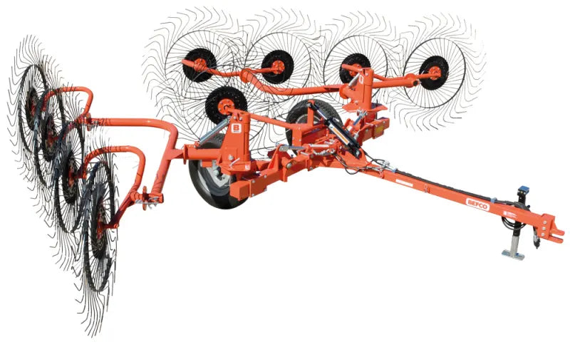 BEFCO pull-type V wheel hay rake, 10-wheel model, designed for 30–80 HP tractors, shown in field setup.
