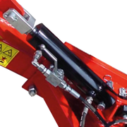 Close-up of BEFCO hay rake's hydraulic cylinder, highlighting the double-action system for folding and transport.