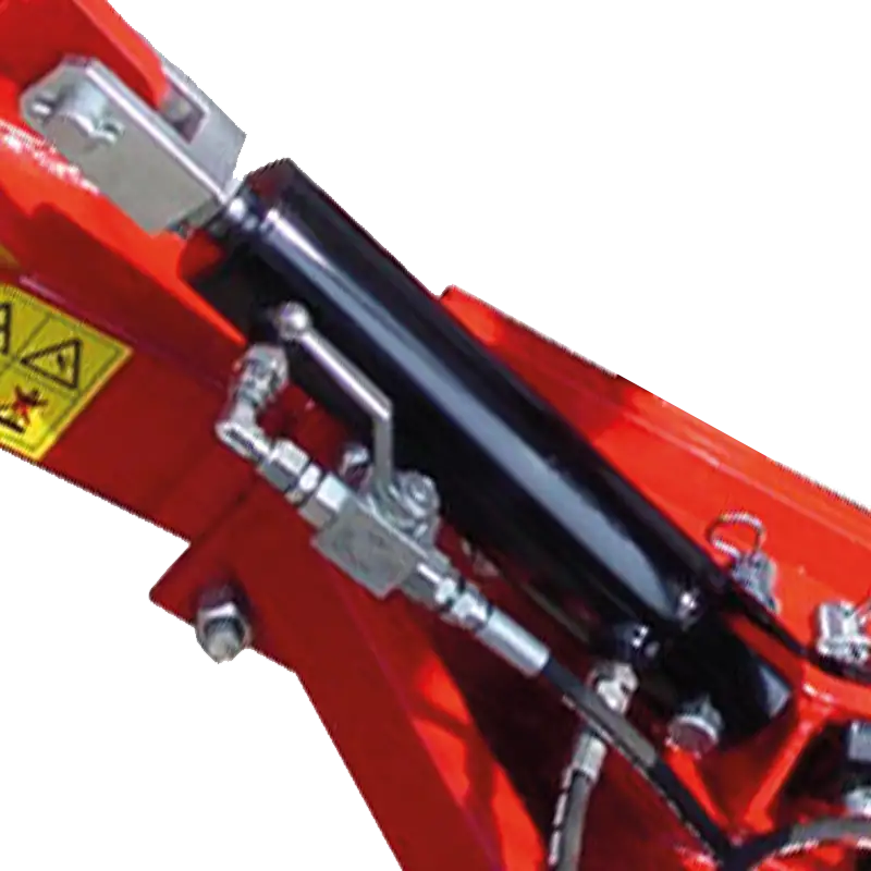 Close-up of BEFCO hay rake's hydraulic cylinder, highlighting the double-action system for folding and transport.