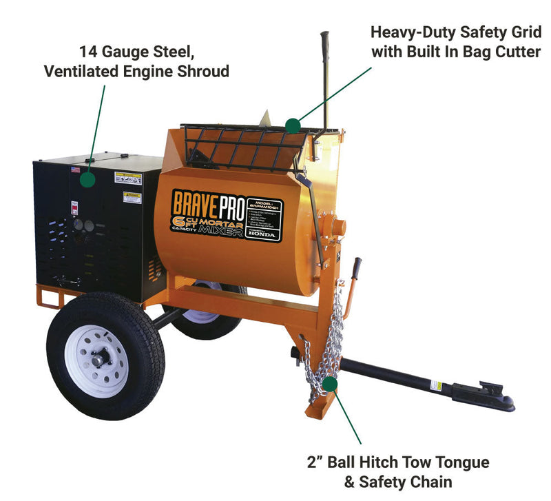 7 Cubic Foot Steel Drum Mortar Mixer for Towable Construction | Honda GX240 Engine | 683 lbs | Brave
