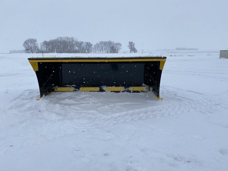 SPX8 snow pusher front view, emphasizing its wide box design and snow containment capability.