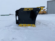 SPXR snow pusher in a snowy setting, displaying its durable steel construction and efficient design.