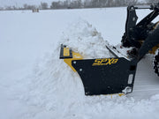 Close-up of SPX8 snow pusher with snow, showing its durable steel construction and design.