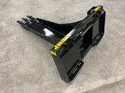 Angled view of Stinger Attachments Stump Bucket showing the curved bottom and reinforced sides.