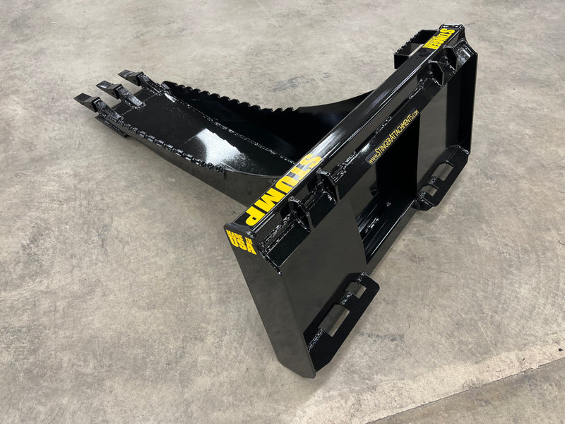 Angled view of Stinger Attachments Stump Bucket showing the curved bottom and reinforced sides.