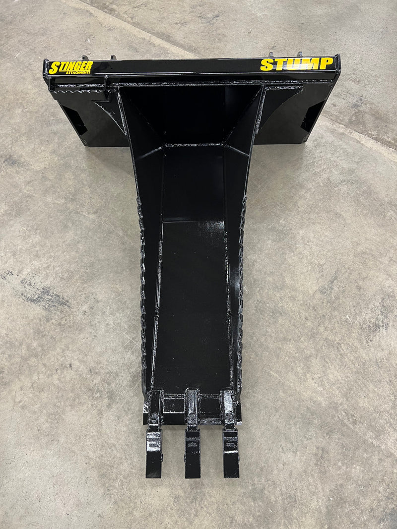 Close-up of Tractor Stump Bucket's mounting system and durable Grade 50 steel construction.