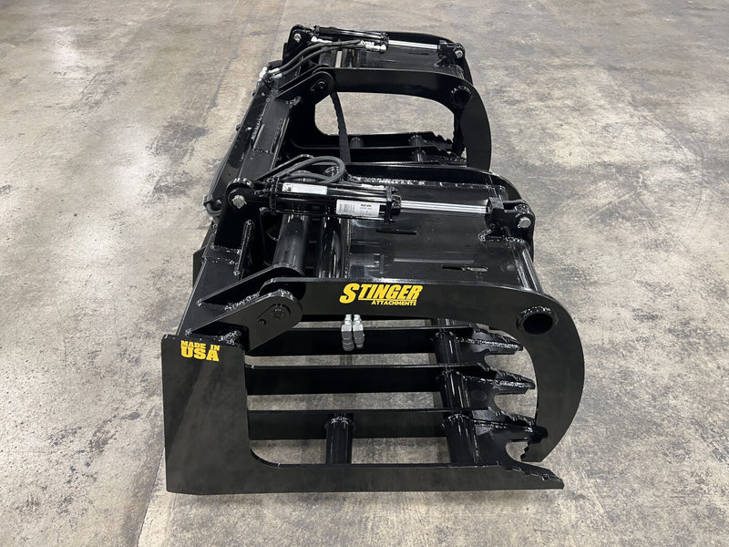 Side View of Stinger Attachments Heavy Duty Grapple Bucket