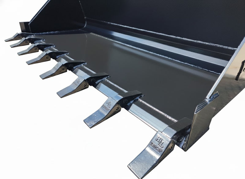 Angled view of Skid Steer Tooth Bucket's cutting edge and teeth, illustrating its aggressive digging capability.