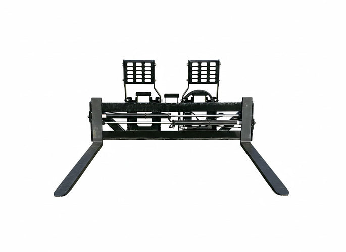 Front view of Wheel Loader Pallet Forks Attachment with hydraulic system, showcasing durable steel frame.