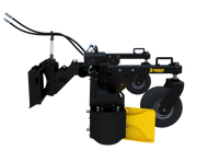 Close-up of Stinger Attachments Soil Conditioner from the side, featuring yellow spoil plates and hydraulic hoses.