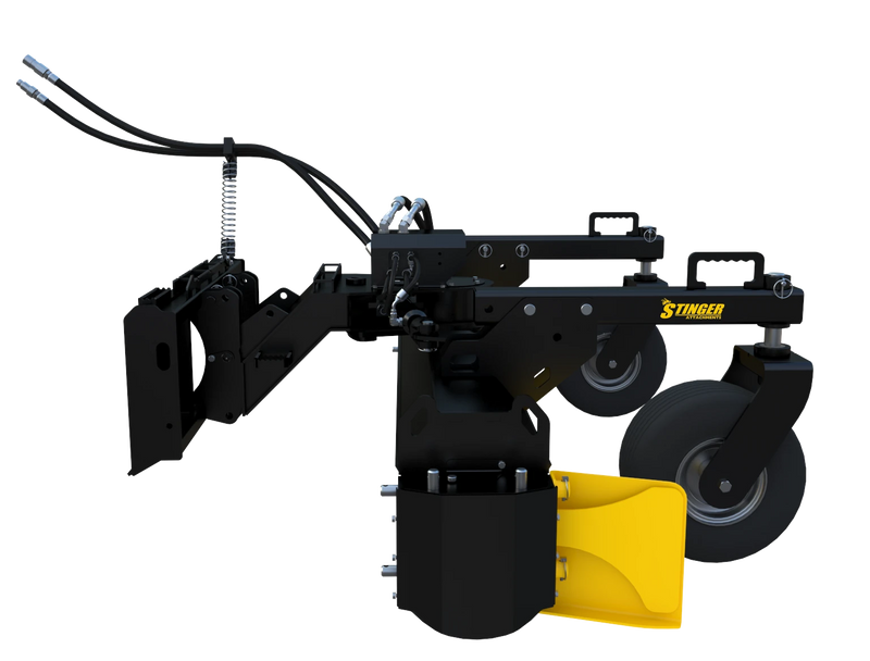 Close-up of Stinger Attachments Soil Conditioner from the side, featuring yellow spoil plates and hydraulic hoses.
