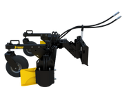 Detailed side view of Stinger Attachments Soil Conditioner with focus on adjustable foam-filled tires and frame.