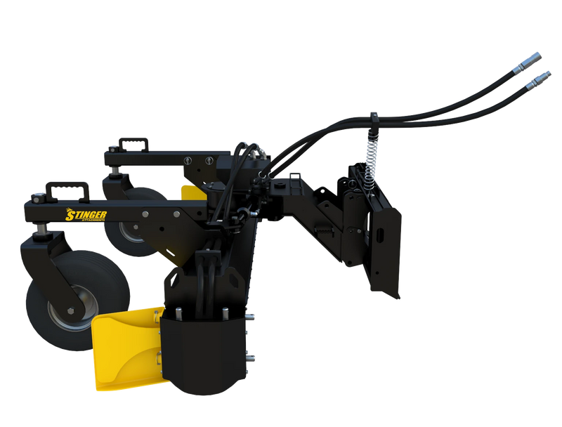 Detailed side view of Stinger Attachments Soil Conditioner with focus on adjustable foam-filled tires and frame.