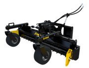 Side view of Stinger Attachments Soil Conditioner showing hydraulic connections and reinforced steel frame.