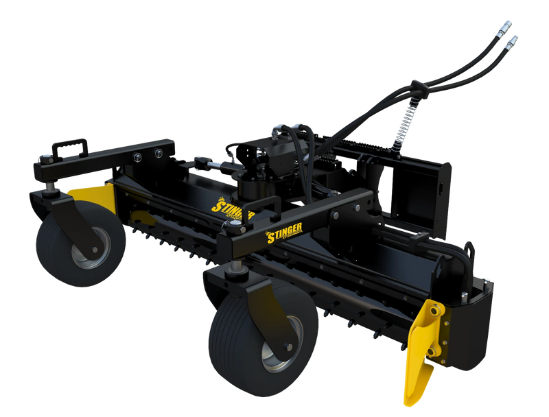 Side view of Stinger Attachments Soil Conditioner showing hydraulic connections and reinforced steel frame.