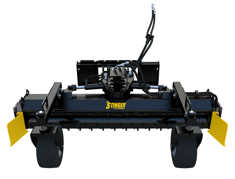 Front view of Stinger Attachments Soil Conditioner highlighting the balanced drum and adjustable components.