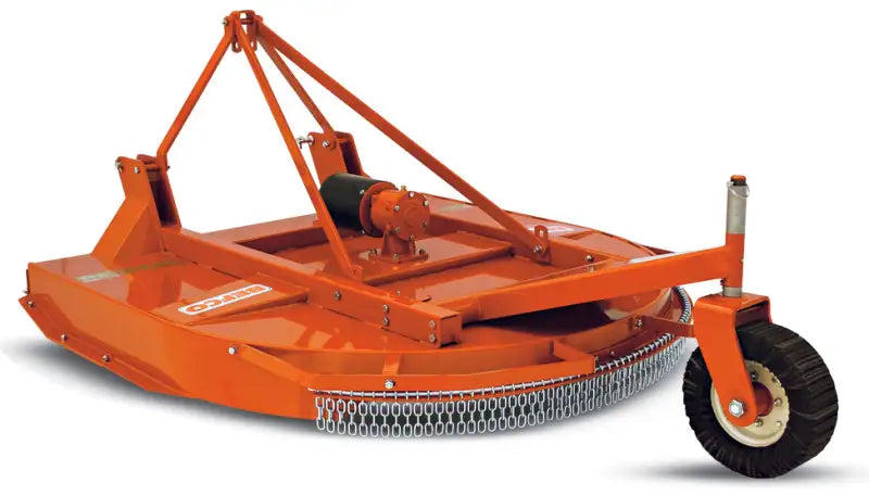 Side view of BEFCO TORNADO RHD rotary cutter, highlighting robust construction and protective chain shields.