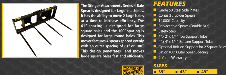 Skid Steer 4 Tine Bale Spear Attachment – Double Large Round Bale Handler