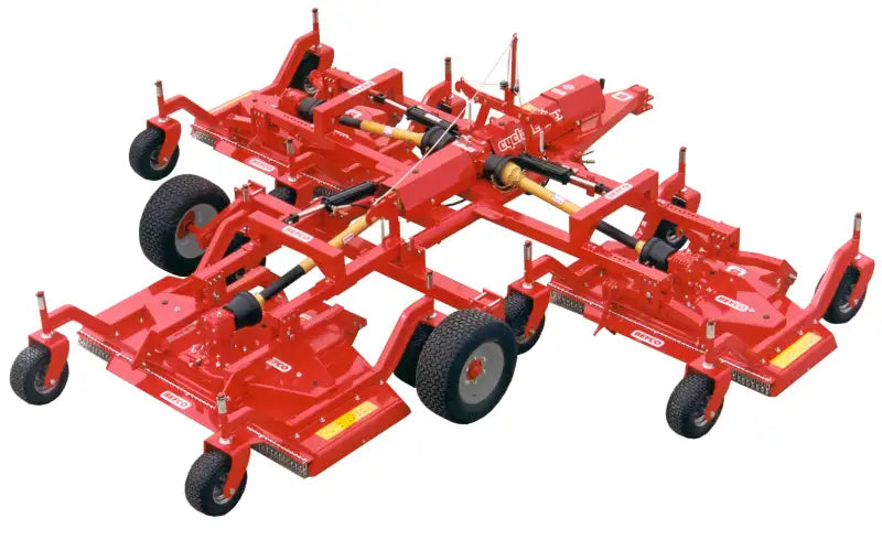 Angled view of BEFCO CYCLONE SUPER-FLEX mower showcasing its independent floating decks and pneumatic tires.