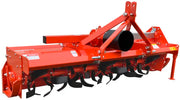Side view of BEFCO TILL-RITE T60 rotary tiller, showcasing blades and side-shift mechanism, red steel