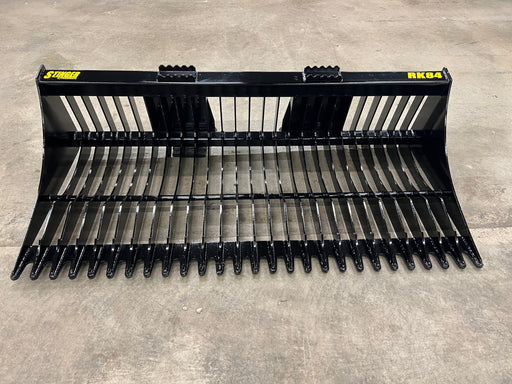 Black tractor rock bucket RK-82 Stinger Attachment detached from tractor