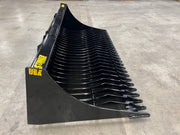 Side angle of black tractor rock bucket RK-82 Stinger Attachment detached from tractor