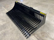 Slightly angled black tractor rock bucket RK-82 Stinger Attachment detached from tractor