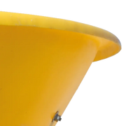 Detail of BEFCO spreader's yellow polyethylene hopper edge, highlighting its thick and durable construction.