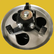 Close-up of BEFCO TURBO-HOP 301 agitator, showing stainless steel and cast iron components.