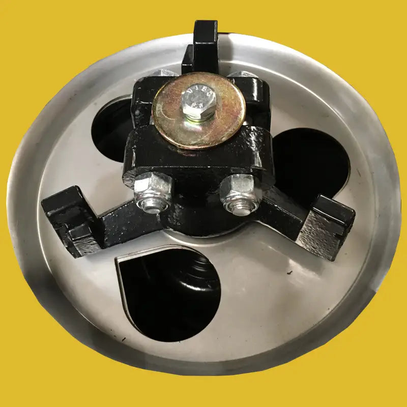 Close-up of BEFCO TURBO-HOP 301 agitator, showing stainless steel and cast iron components.