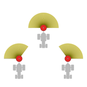 Illustration of BEFCO spreader’s adjustable spread pattern, showing right, center, and left distribution options.