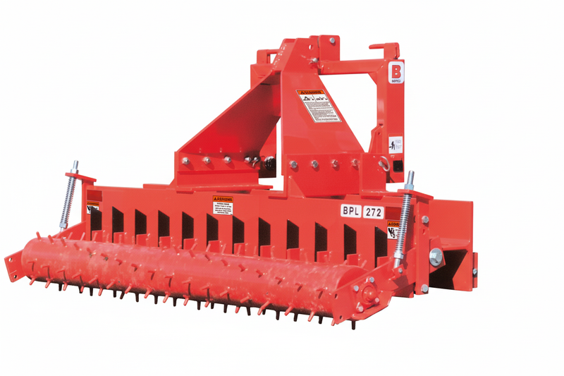 BEFCO BPL HD Soil Pulverizer with red frame, spiked roller, and Category 1 hitch for 40–90 HP tractors.