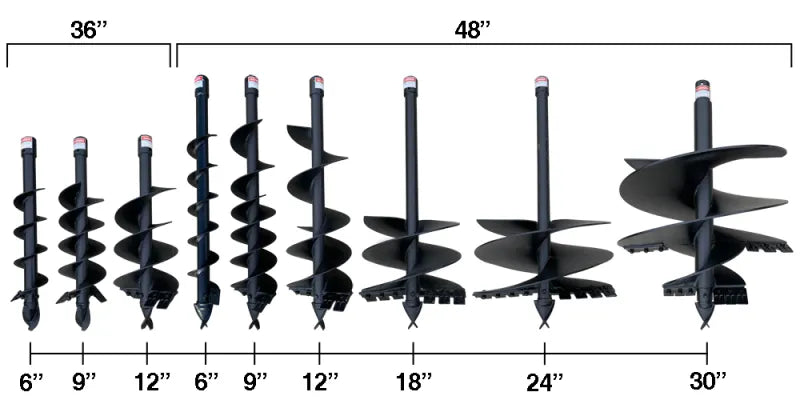 Range of BEFCO MOLE augers in various sizes, from 6-inch to 30-inch, suitable for diverse digging applications.