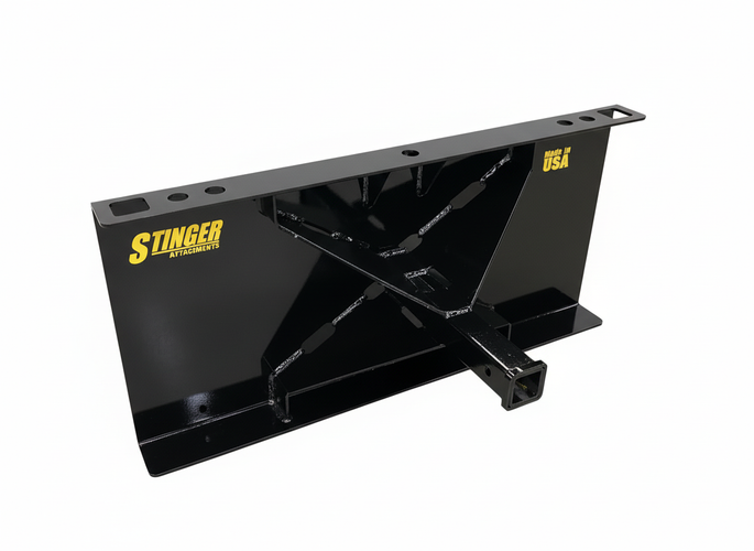 Stinger Attachments Universal Mini Receiver Hitch with black powder-coated steel, ideal for compact loaders.