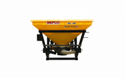 BEFCO Turbo-Hop 303 pendulum fertilizer spreader with yellow poly hopper and sturdy black frame.