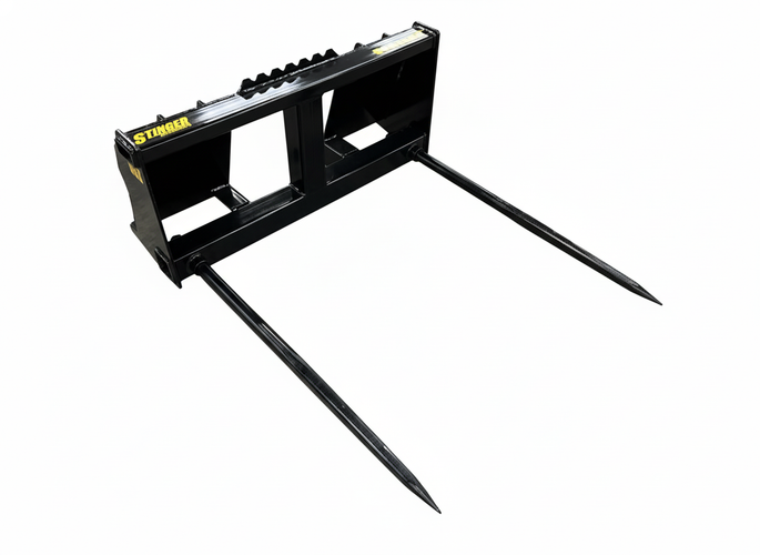 Stinger Attachments Tractor 2 Tine Bale Spear, heavy-duty steel, 3,500lb capacity, universal skid steer hookup.
