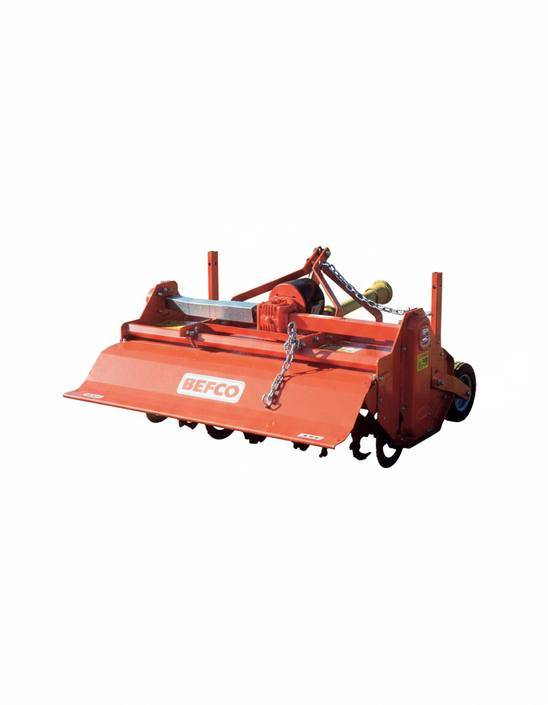 BEFCO TILL-RITE T30 rotary tiller, orange, for 16-30 HP tractors, featuring side-shift and PTO drive.