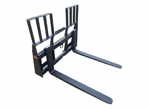Walk Through Pallet Fork Frame for skid steers with 5200 lb capacity, 45-inch steel frame, powder-coated.