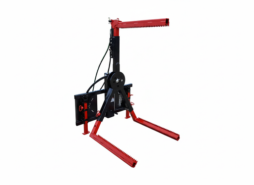 Skid steer tire grabber attachment with hydraulic clamp for 68–90 inch tires, featuring red and black steel design.
