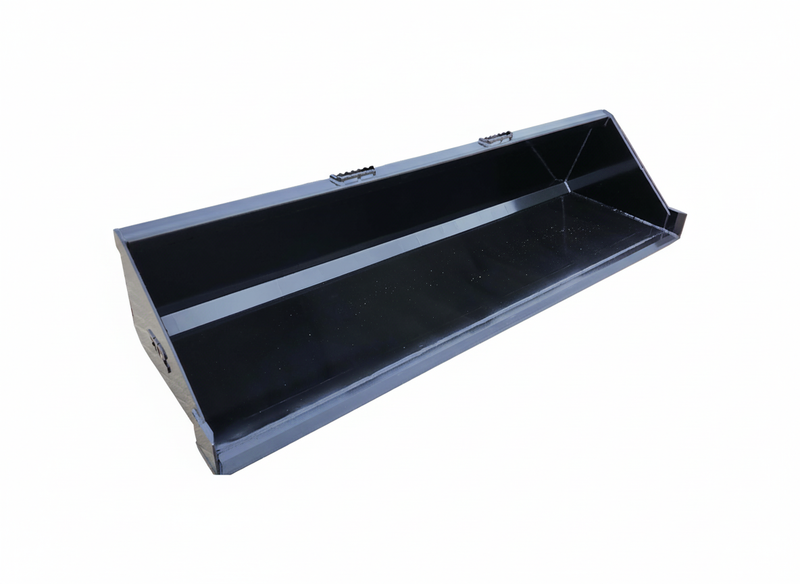 High capacity skid steer material bucket with reinforced steel, quick attach frame, and powder coat finish.