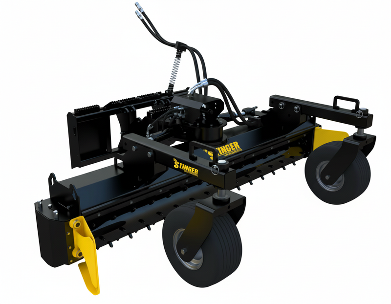 Stinger Attachments Skid Steer Soil Conditioner with hydraulic hoses, foam-filled tires, and yellow spoil plates.