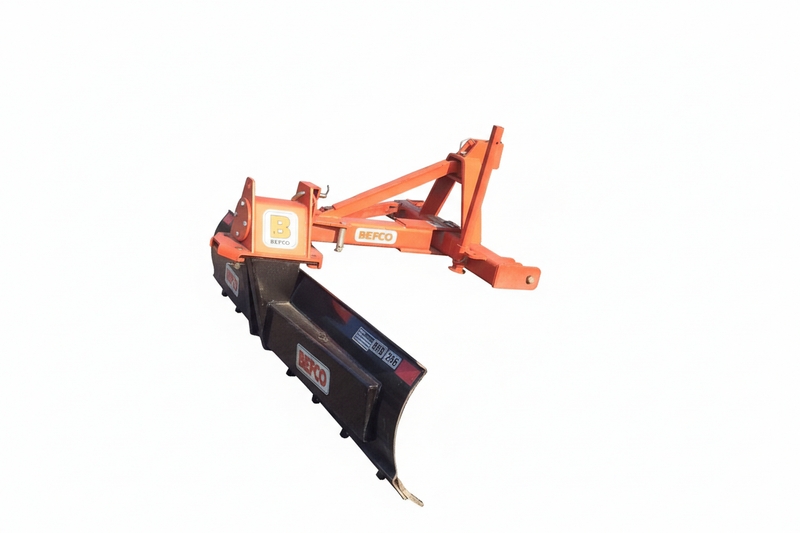 BEFCO Tractor Rear Blade with adjustable tilt, angle, and offset for 30-80 HP tractors, shown in orange steel.