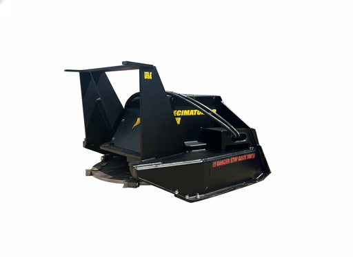 Close up of Yellow John Deere Bull Dozer with black Stinger Attachment decimator cover