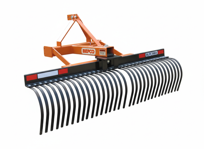 BEFCO 3 Point Landscape Rake with adjustable angle, designed for Category 1 tractors, shown in orange.
