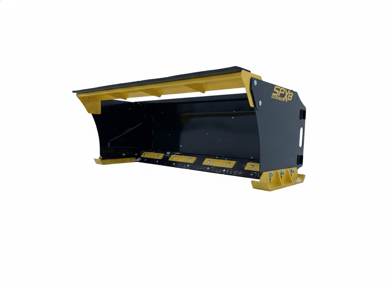 Stinger Attachments Snow Pusher Extreme SPX8, black and yellow, commercial-grade steel, angled view.
