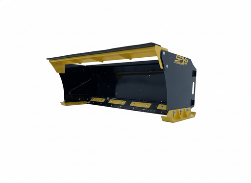 Stinger Attachments Snow Pusher Extreme SPX8, black and yellow, commercial-grade steel, angled view.