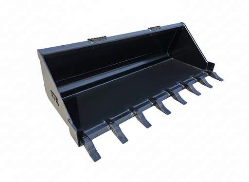 Heavy duty skid steer tooth bucket with reinforced Grade 50 steel and durable cutting edge for digging.