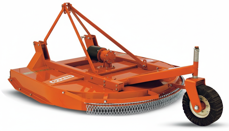 BEFCO TORNADO RHD Series heavy-duty rotary cutter with orange steel frame and tail wheel for 50-100 HP tractors.