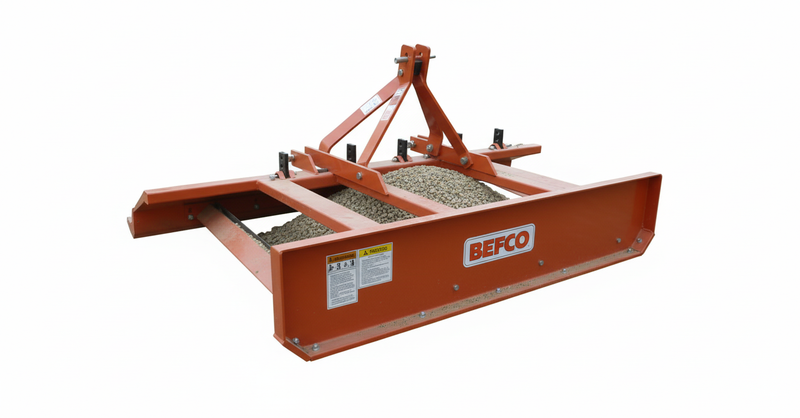 BEFCO BGS grading scraper with adjustable blades, designed for 16-65 HP tractors, shown on gravel.